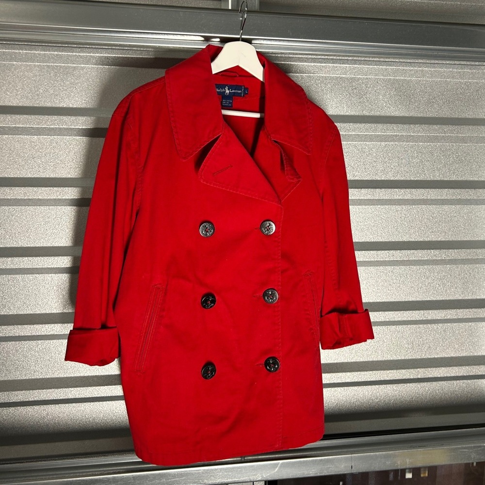 Ralph Lauren Pea Coat Womens L Red Nautical Anchor Button Preppy Cotton Jacket
